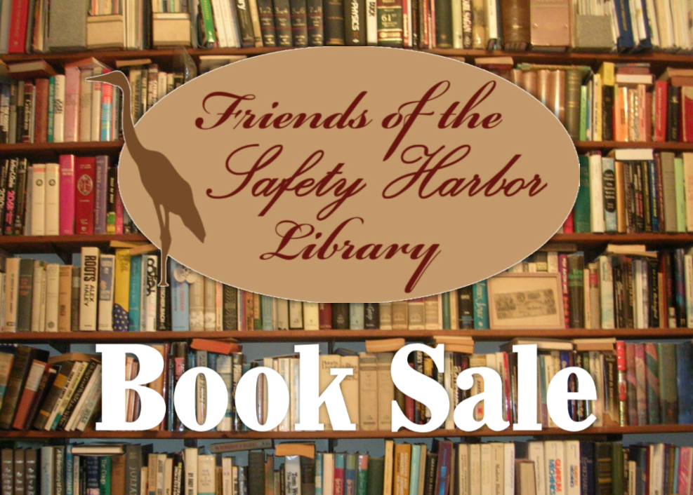Graphic showing shelves filled with books with the words, "Friends of the Safety Harbor Library Book Sale"
