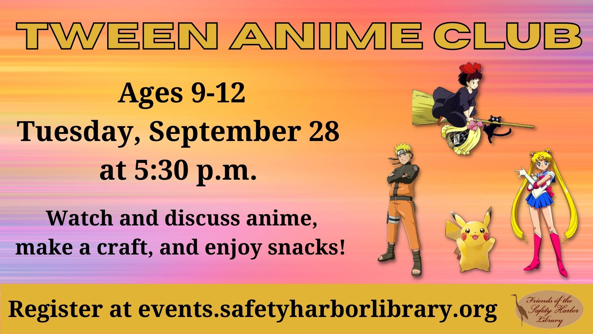 Tween Anime Club slide with pictures of Kiki, Naruto, Pikachu, and Sailor Moon. 