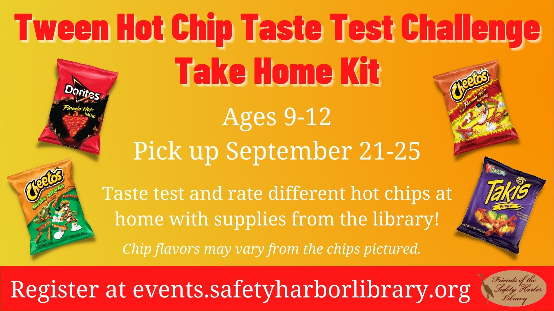 Tween Hot Chip Taste Test Challenge Take Home Kit slide with different spicy chip brands pictured. Pictured chips may not be what is included in the To Go program. 