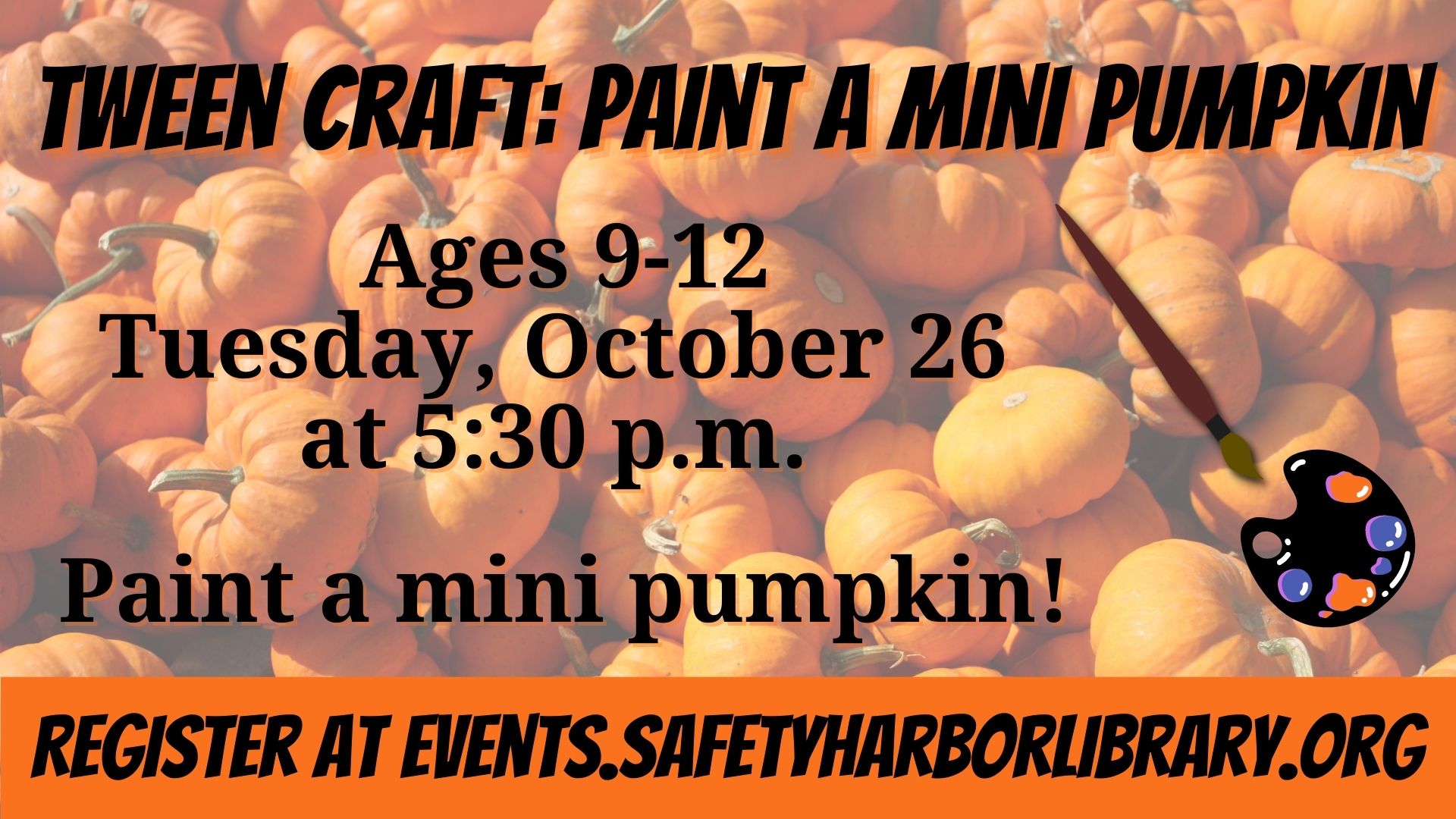 Paint a Mini Pumpkin slide with mini pumpkins, a paintbrush, and a paint palette 