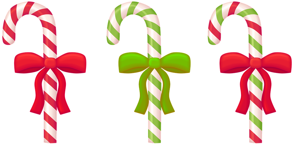 Three candy canes, one is red and white, one is green and white, and one is red, green, and white. 
