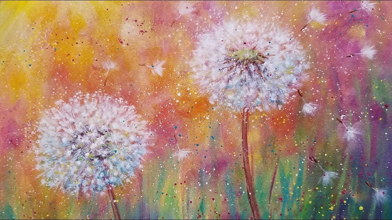 Picture of dandelion painting with two dandelions and an orange and pink background 