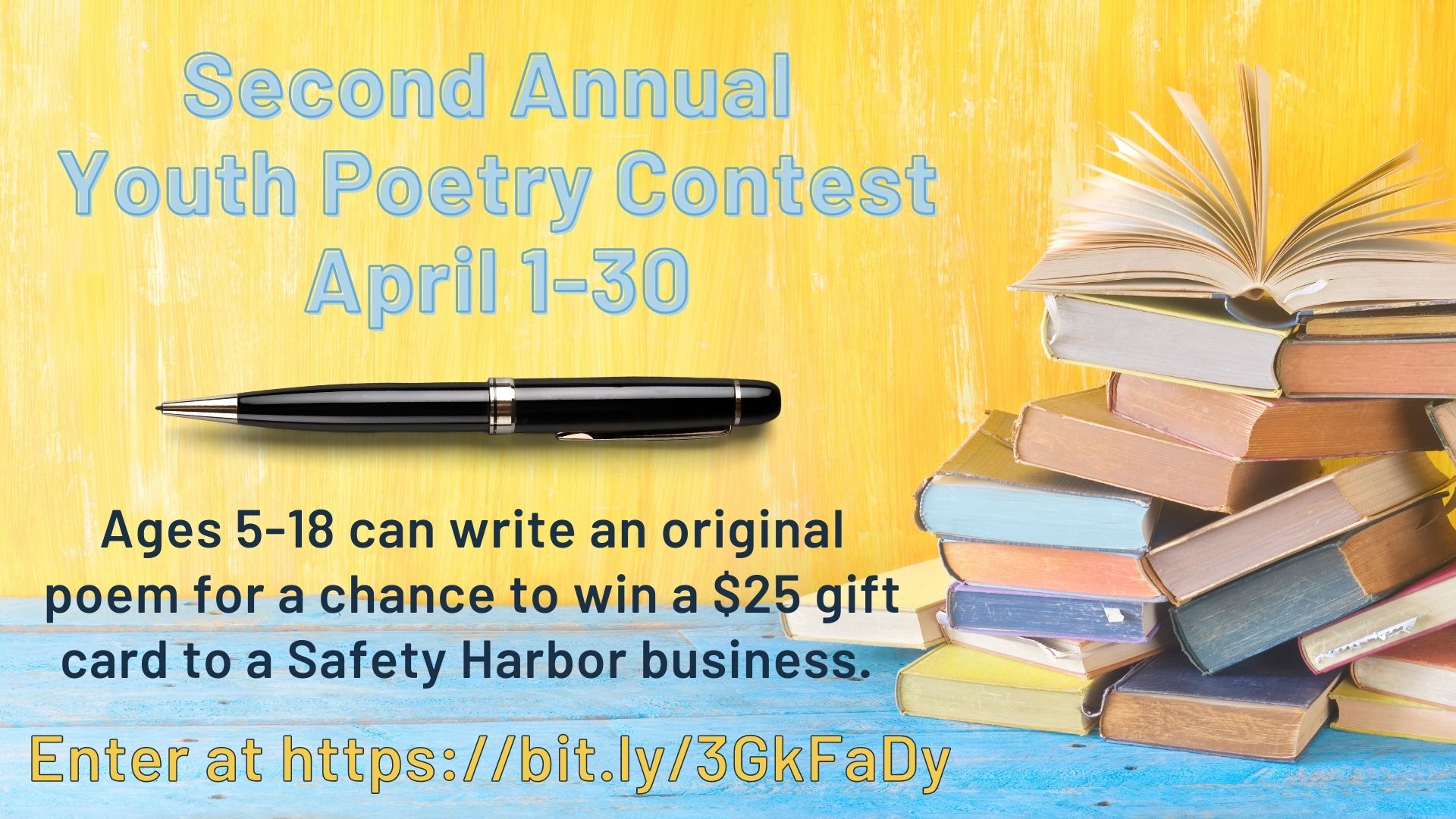 Poetry Contest webslide with details (included below), a stack of books, and a pen. 