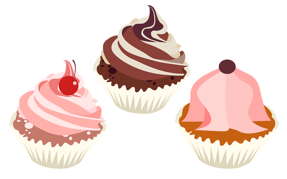Illustration of three cupcakes, two with pink frosting and one with chocolate frosting 