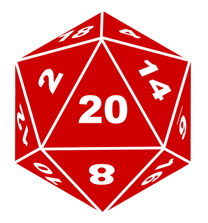 Illustration of a red 20-sided die 
