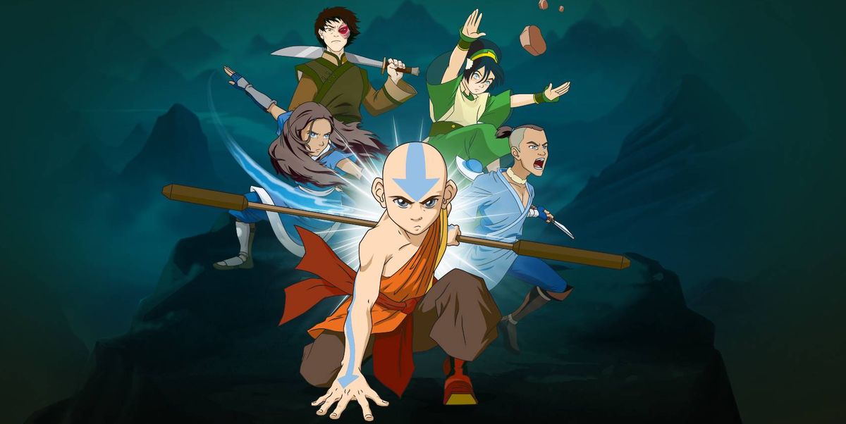 Picture of the characters in Avatar the Last Airbender. From left to right: Katara, Zuko, Aang, Toph, Sokka 
