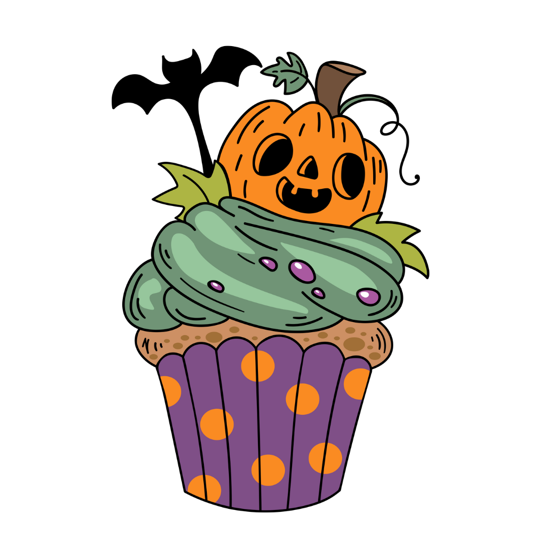 Cupcake with green frosting, a pumpkin, and a bat on top 