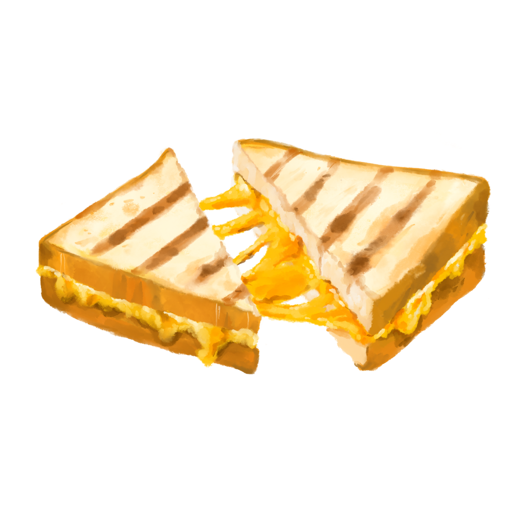 Two halves of a grilled cheese sandwich pulled apart with cheese in the middle. 