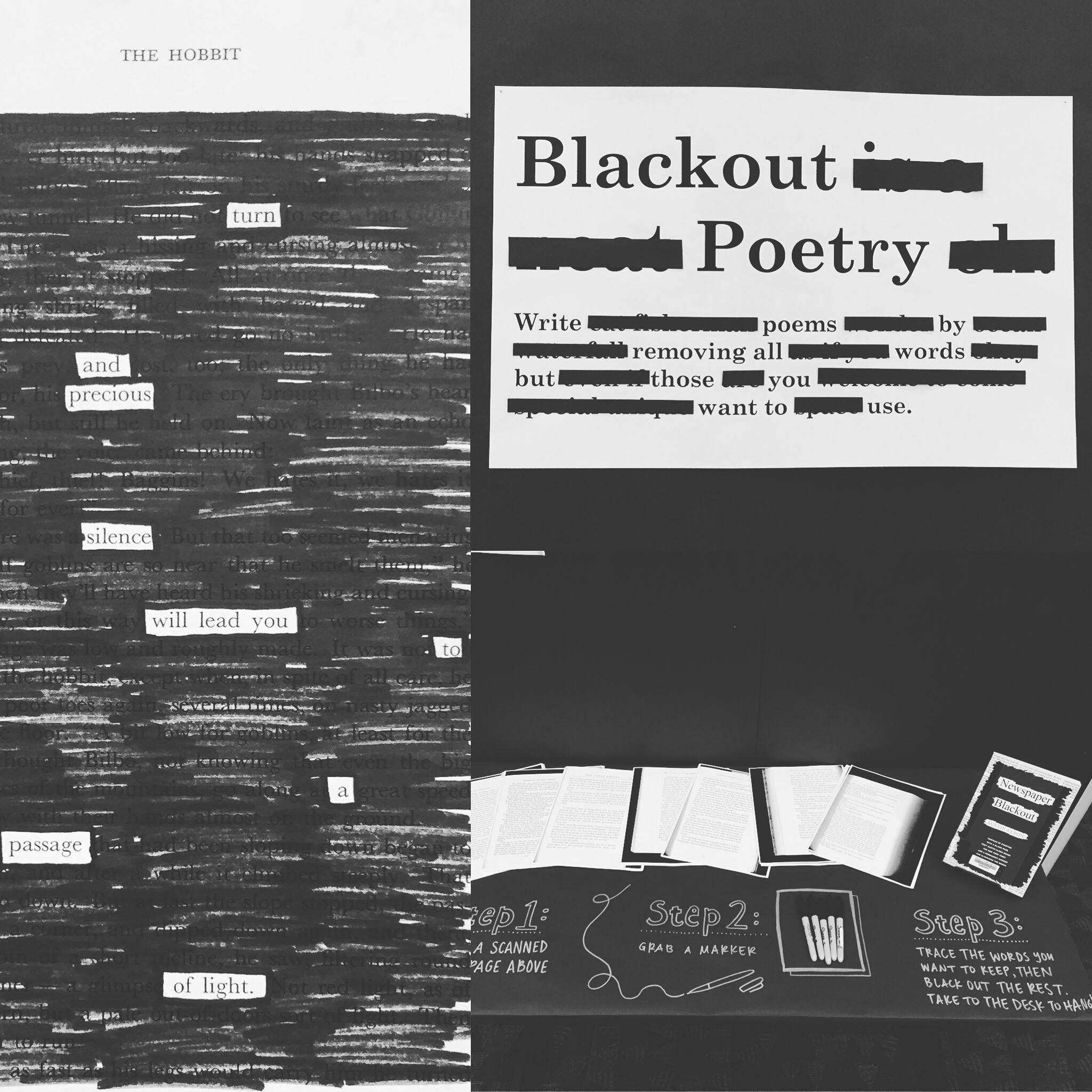 Picture of a sample of Blackout Poetry with some words blacked out and some words showing. 