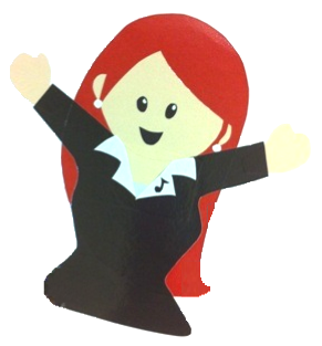 A cartoon music teacher with long red hair 