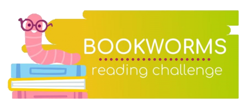 Bookworms Reading Challenge logo with a worm on top of a stack of books