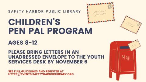 Children's Pen Pal Program flyer with an image of a mailbox and letters 