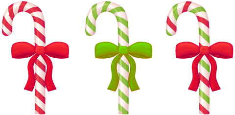 Three candy canes, one is red and white, one is green and white, and one is red, green, and white. 