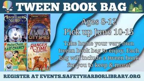 Tween Book Bag sample with The Adventurer's Guild, City Spies, Maisy Chen's Last Chance, and Ranger in Time pictured