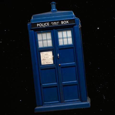 Blue police call box with a space background