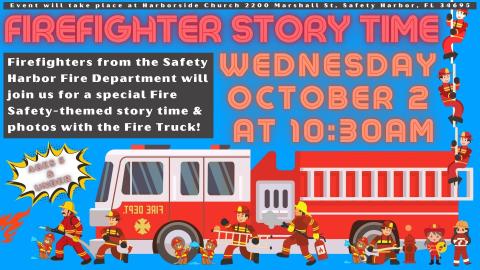 Firefighter story time with photos of fire truck