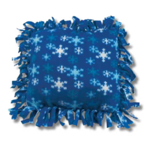 Blue fleece pillow with snowflakes on it