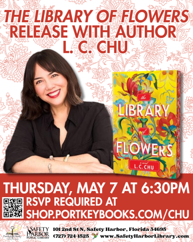 Author L. C. Chu and The Library of Flowers book cover with a red floral background