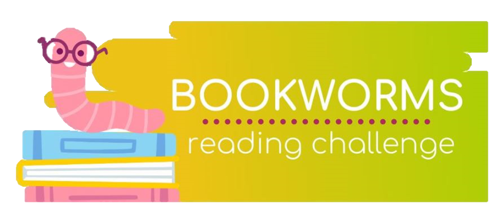 Bookworms Reading Challenge logo with a worm on top of a stack of books