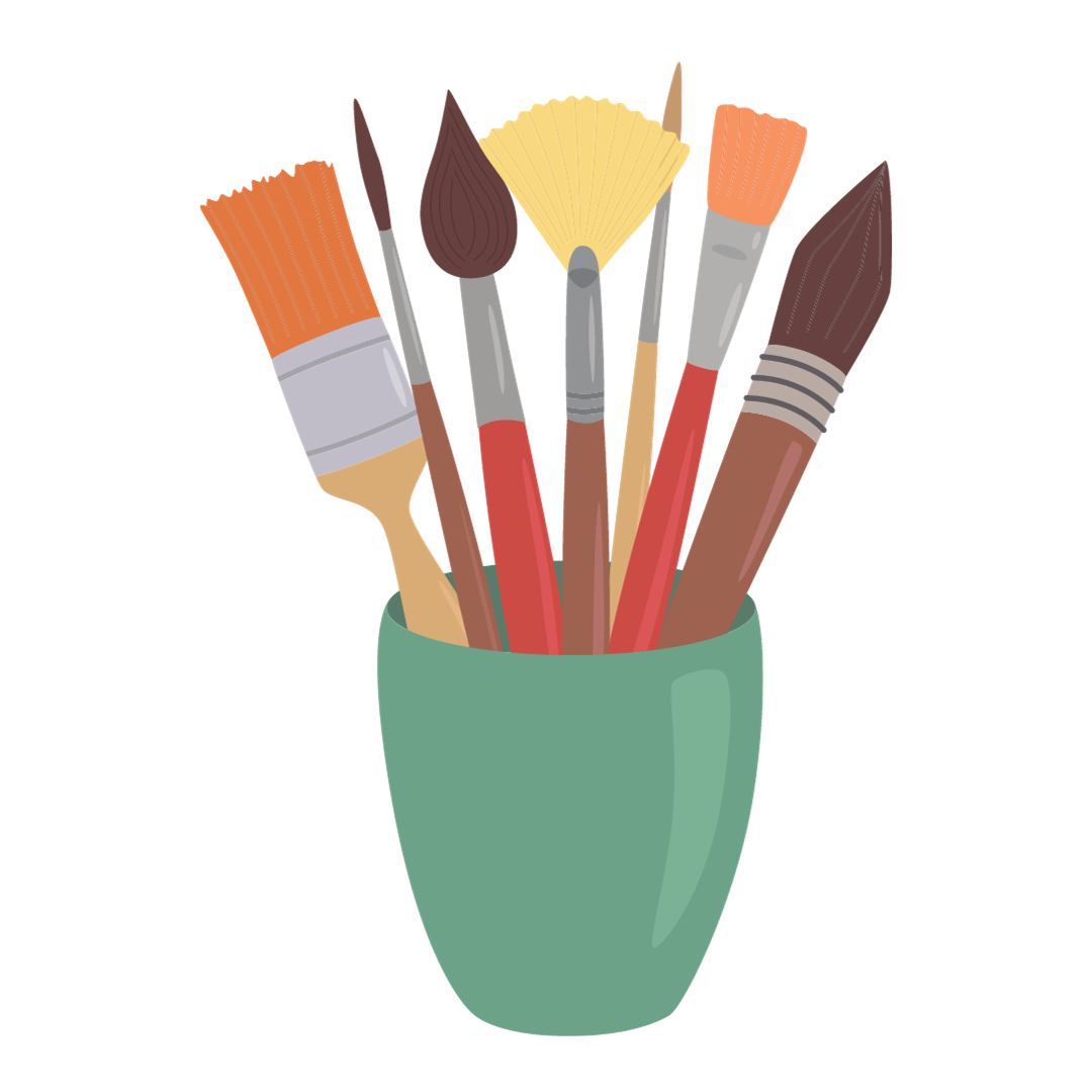 A green cup full of various types of paint brushes. 